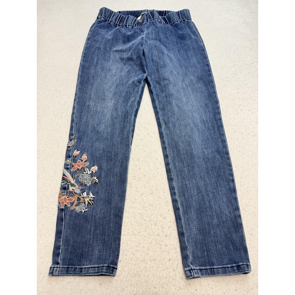 Soft Surroundings Jeans Womens PM Blue Embroidered Floral Elastic Waist Straight